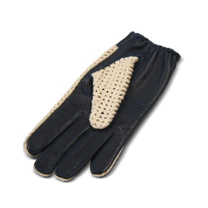 Men’s Black Leather Driving Gloves with Cream Crochet Back – Vintage Motoring Style