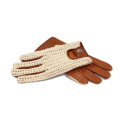 A pair of  gloves featuring cream-colored crochet knit palms and fingers with brown leather backings and wrist straps, displayed on a clean white background.