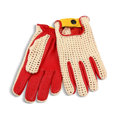 A pair of knit and leather work gloves in red and cream, with a yellow and black snap-button wrist strap on one glove, shown against a plain white background.