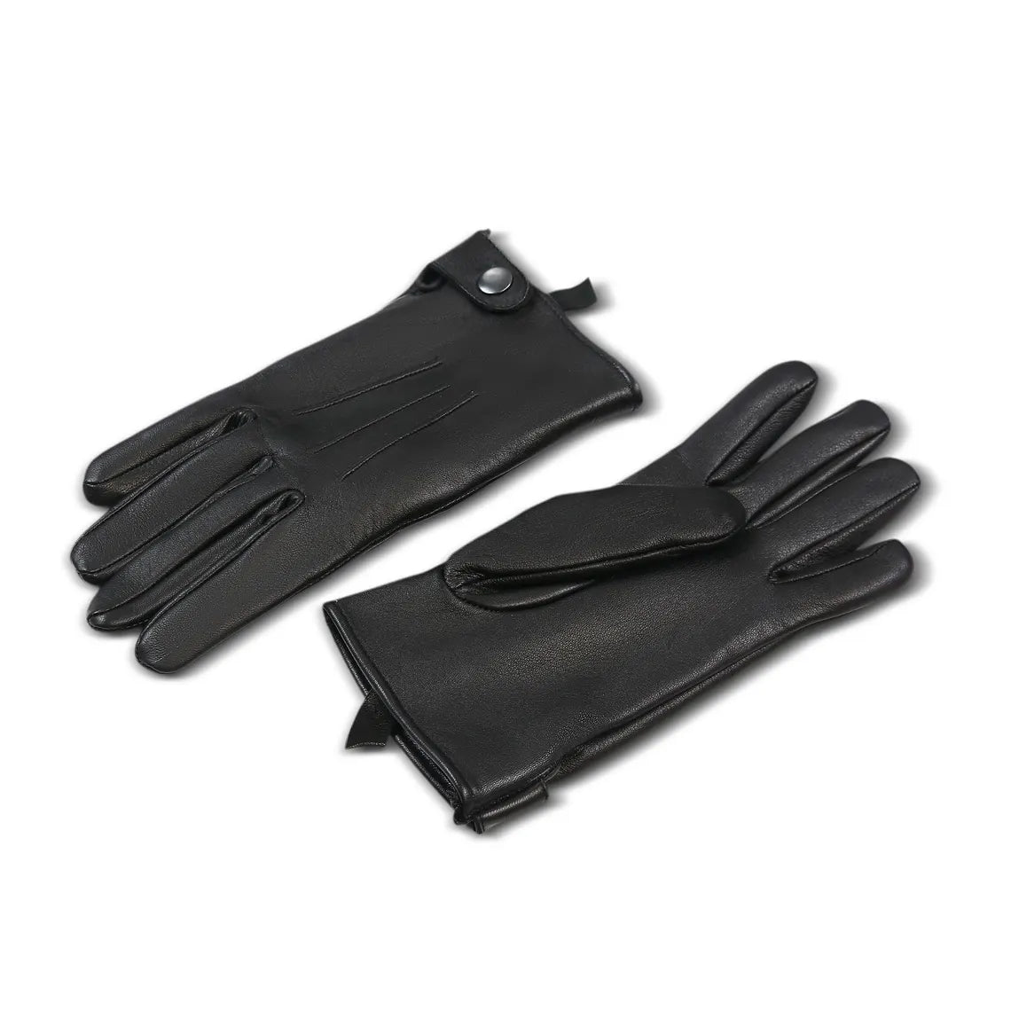 A pair of black leather gloves, one showing the back of the hand with a snap-button wrist strap and the other showing the palm side, set against a plain white background.