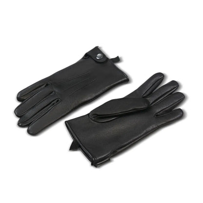 A pair of black leather gloves, one showing the back of the hand with a snap-button wrist strap and the other showing the palm side, set against a plain white background.