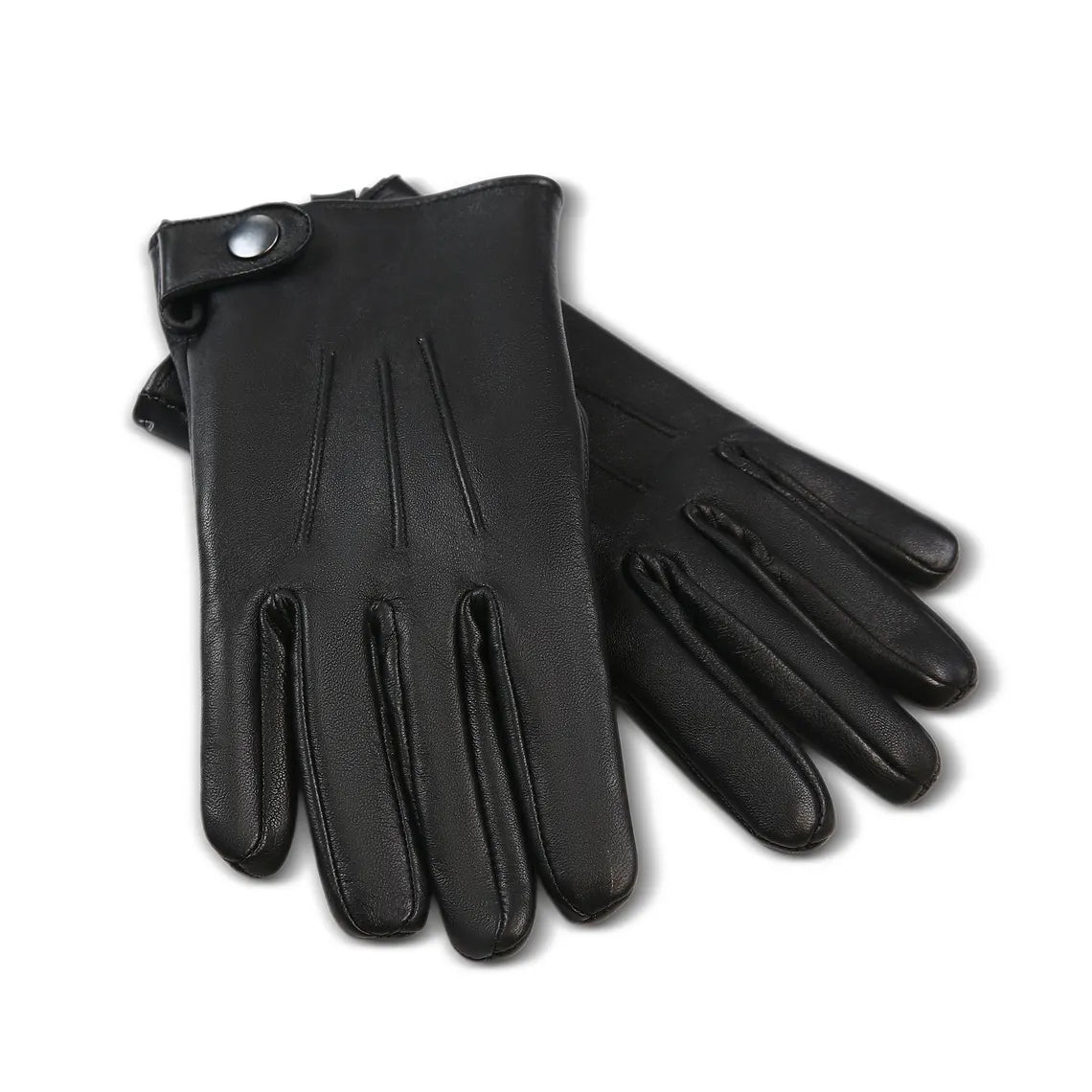 A pair of black leather gloves, with one glove showing the back of the hand and the other showing the palm side, set against a plain white background.