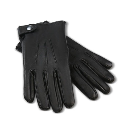 A pair of black leather gloves, with one glove showing the back of the hand and the other showing the palm side, set against a plain white background.