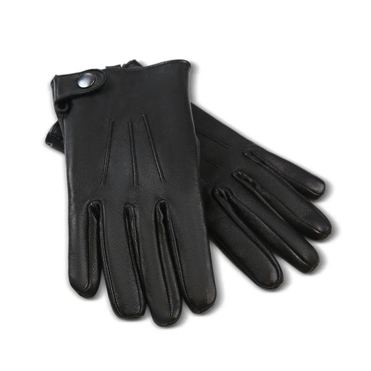 A pair of black leather gloves, with one glove showing the back of the hand and the other showing the palm side, set against a plain white background.