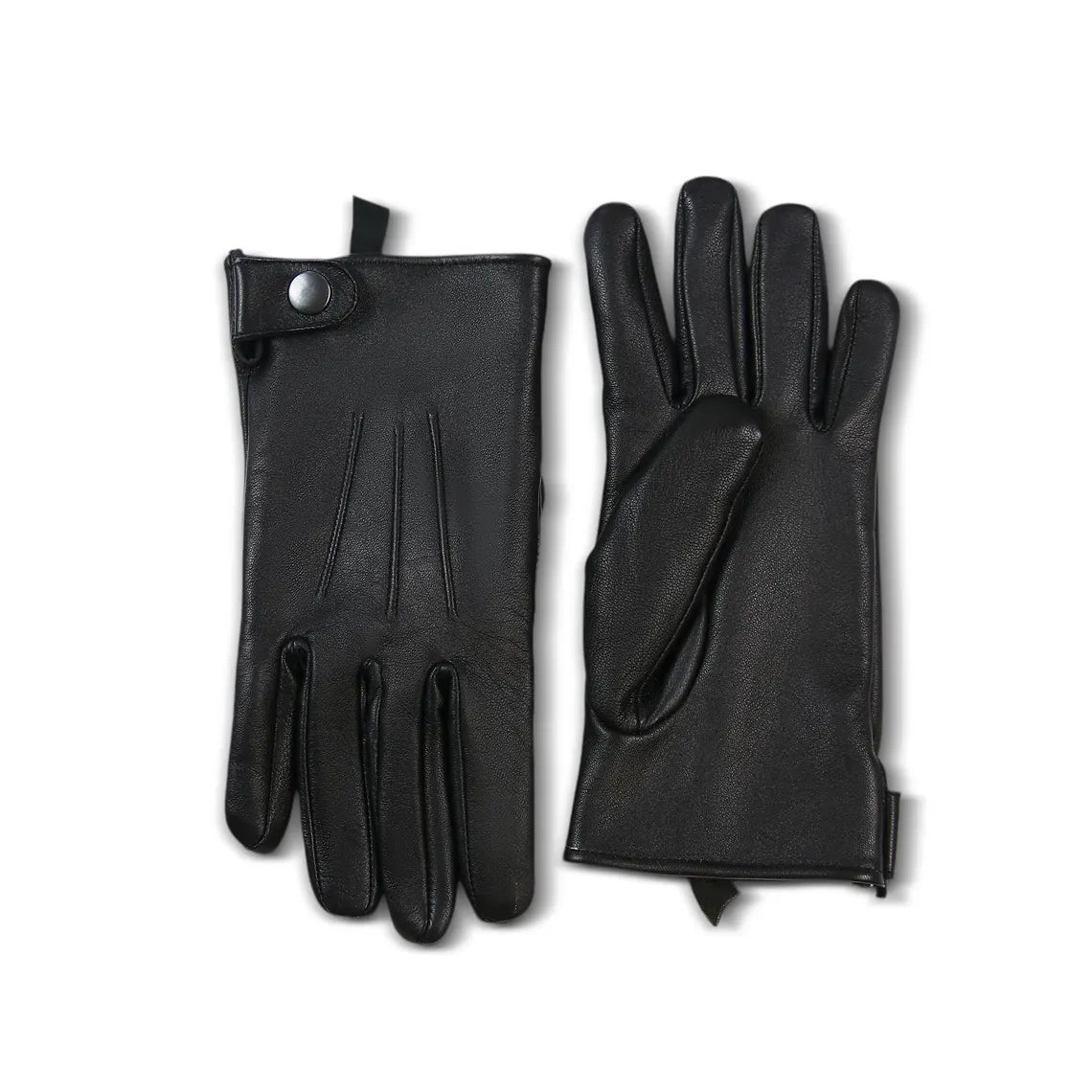 A pair of black leather gloves, one showing the back of the hand with a snap button closure and the other showing the palm side, set against a plain white background.