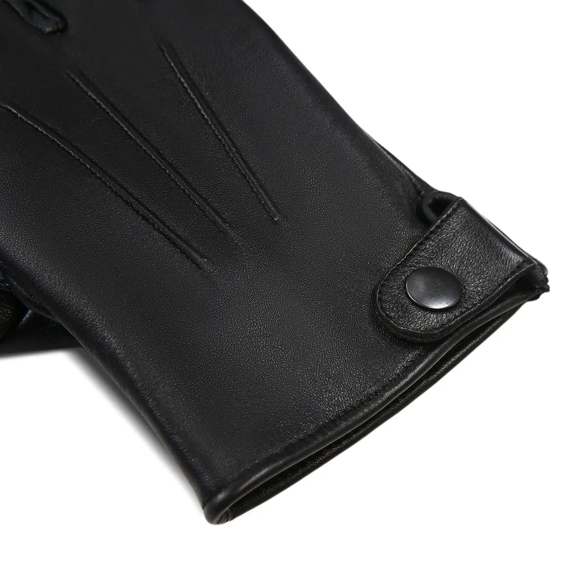 Close-up of a black leather glove showing the wrist cuff with a snap button closure, on a plain white background.