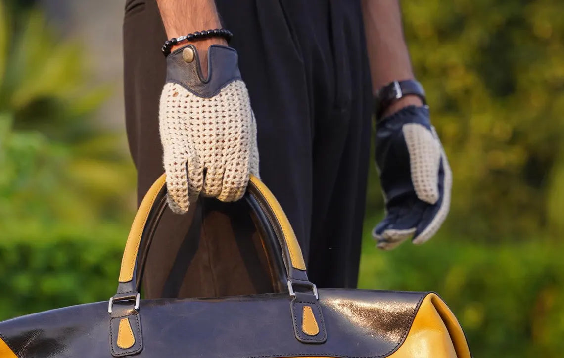 Men’s Black Leather Driving Gloves with Cream Crochet Back – Vintage Motoring Style