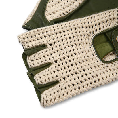 Close-up of a pair of fingerless knit gloves in cream and olive green, showing the textured knit body and smooth leather-like palm sections on a white background.