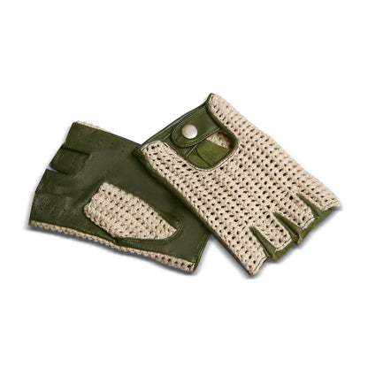 A pair of fingerless gloves with olive green leather panels and a beige open-knit mesh back, shown on a plain white background.