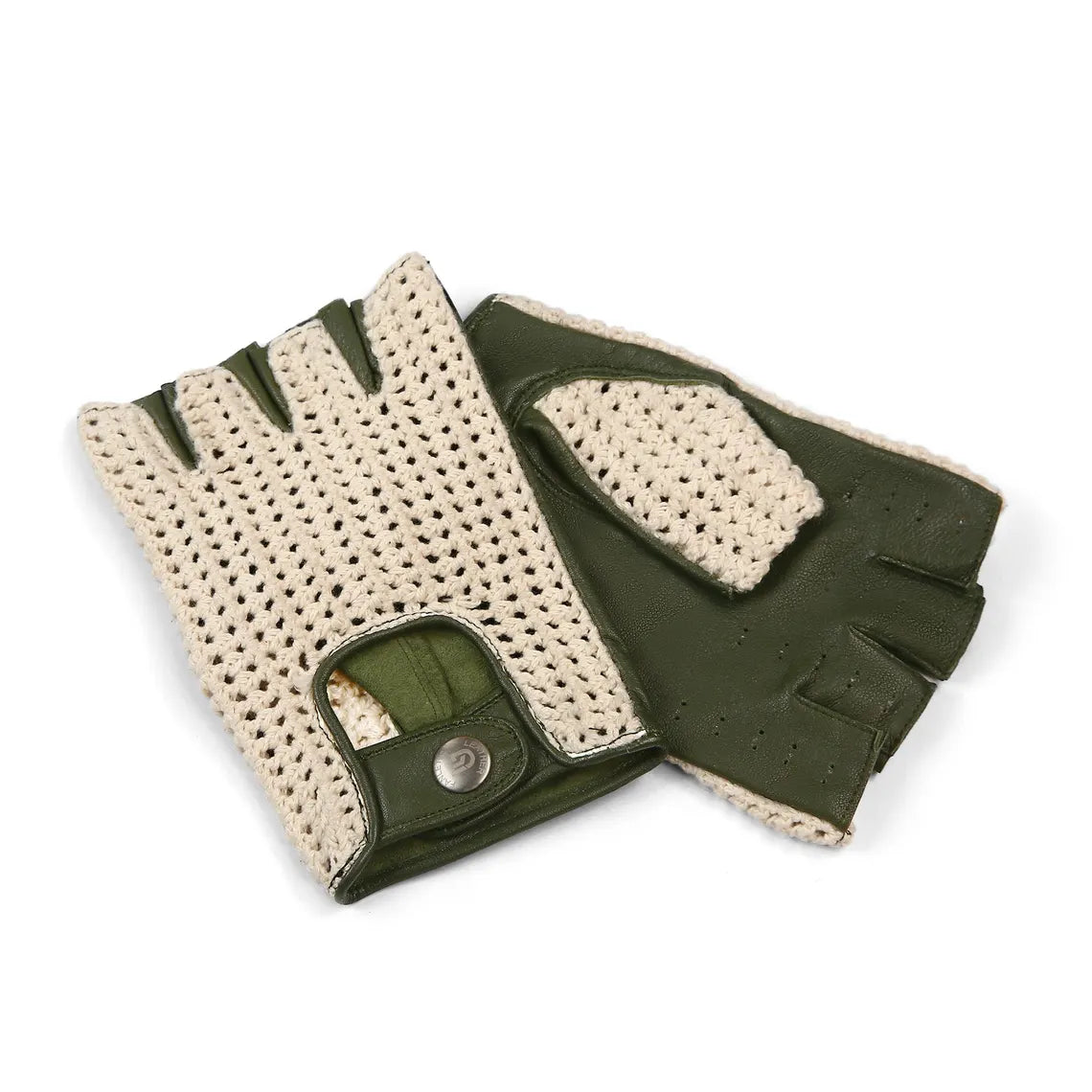 A pair of fingerless workout gloves with an olive green leather back and a cream-colored knit palm, shown on a plain white background.