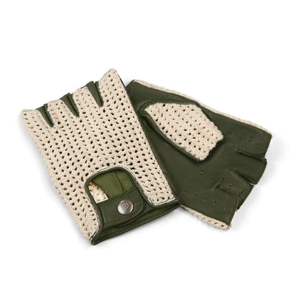A pair of fingerless workout gloves with an olive green leather back and a cream-colored knit palm, shown on a plain white background.