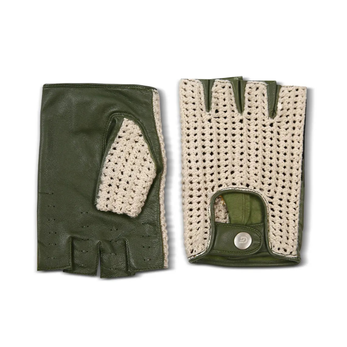 A pair of fingerless gloves shown flat against a white background. One glove displays the dark olive green leather back with perforated details, and the other shows the cream-colored crocheted palm with an adjustable green strap and a silver snap button.