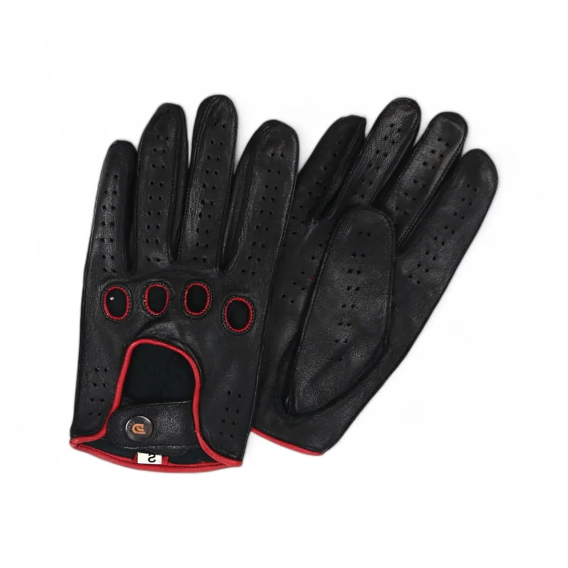 A pair of black leather driving gloves with red trim and red circular accents around the finger holes, displayed against a plain white background.