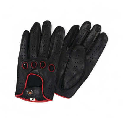 A pair of black leather driving gloves with red trim and red circular accents around the finger holes, displayed against a plain white background.