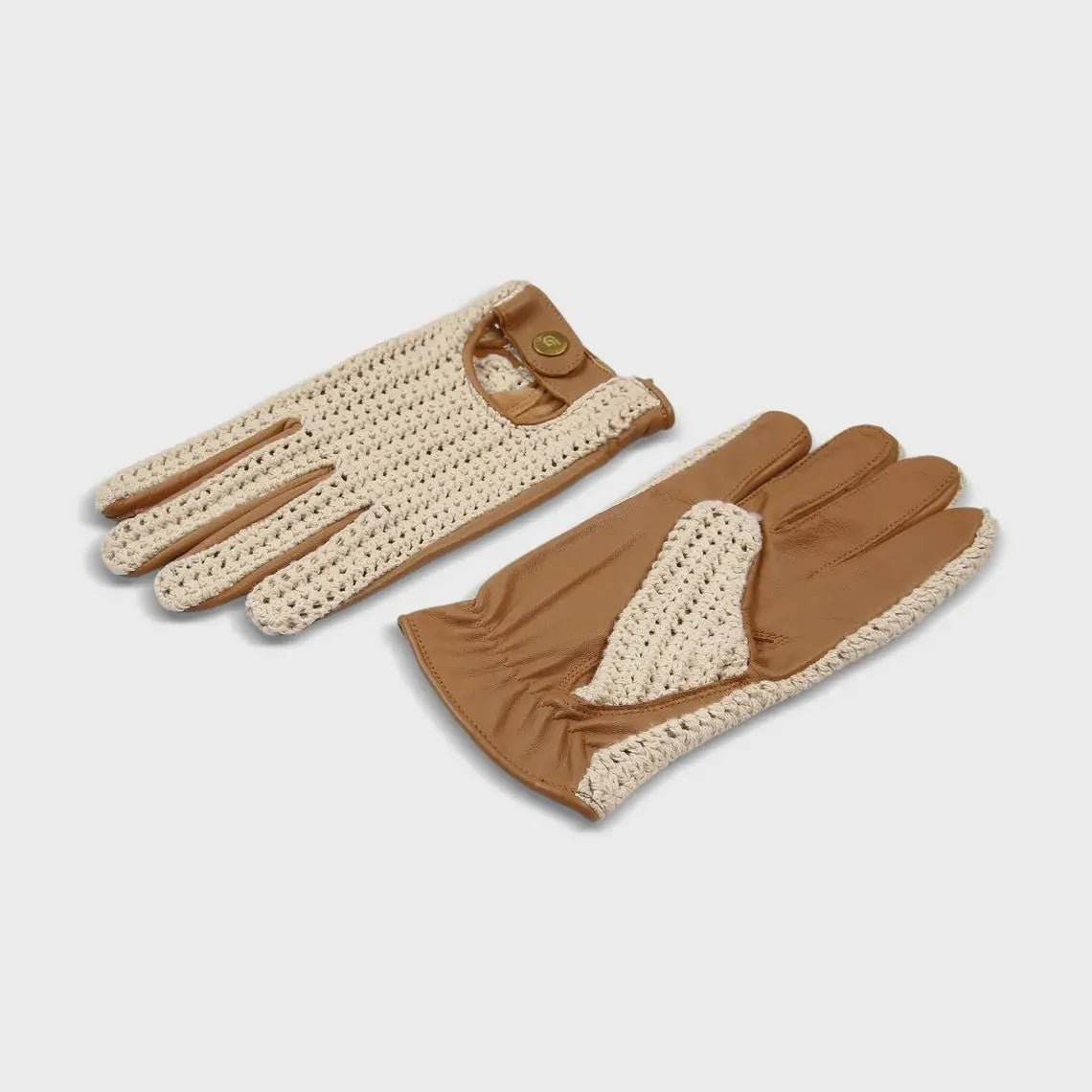 Tan Leather Driving Gloves with Cream Crochet Back – Vintage Racing Style