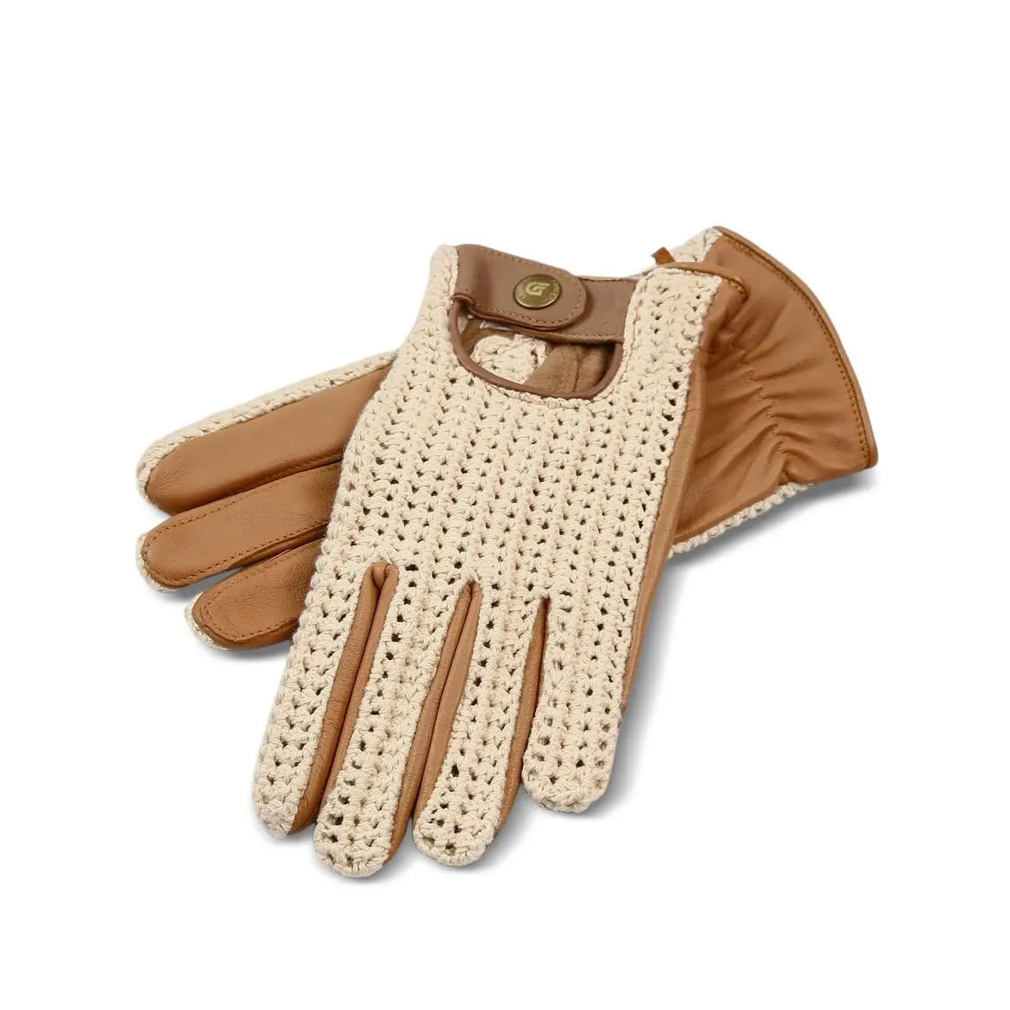 Tan Leather Driving Gloves with Cream Crochet Back – Vintage Racing Style