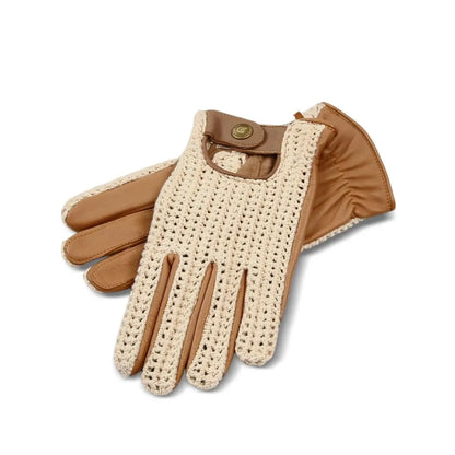 Tan Leather Driving Gloves with Cream Crochet Back – Vintage Racing Style