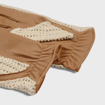 Tan Leather Driving Gloves with Cream Crochet Back – Vintage Racing Style