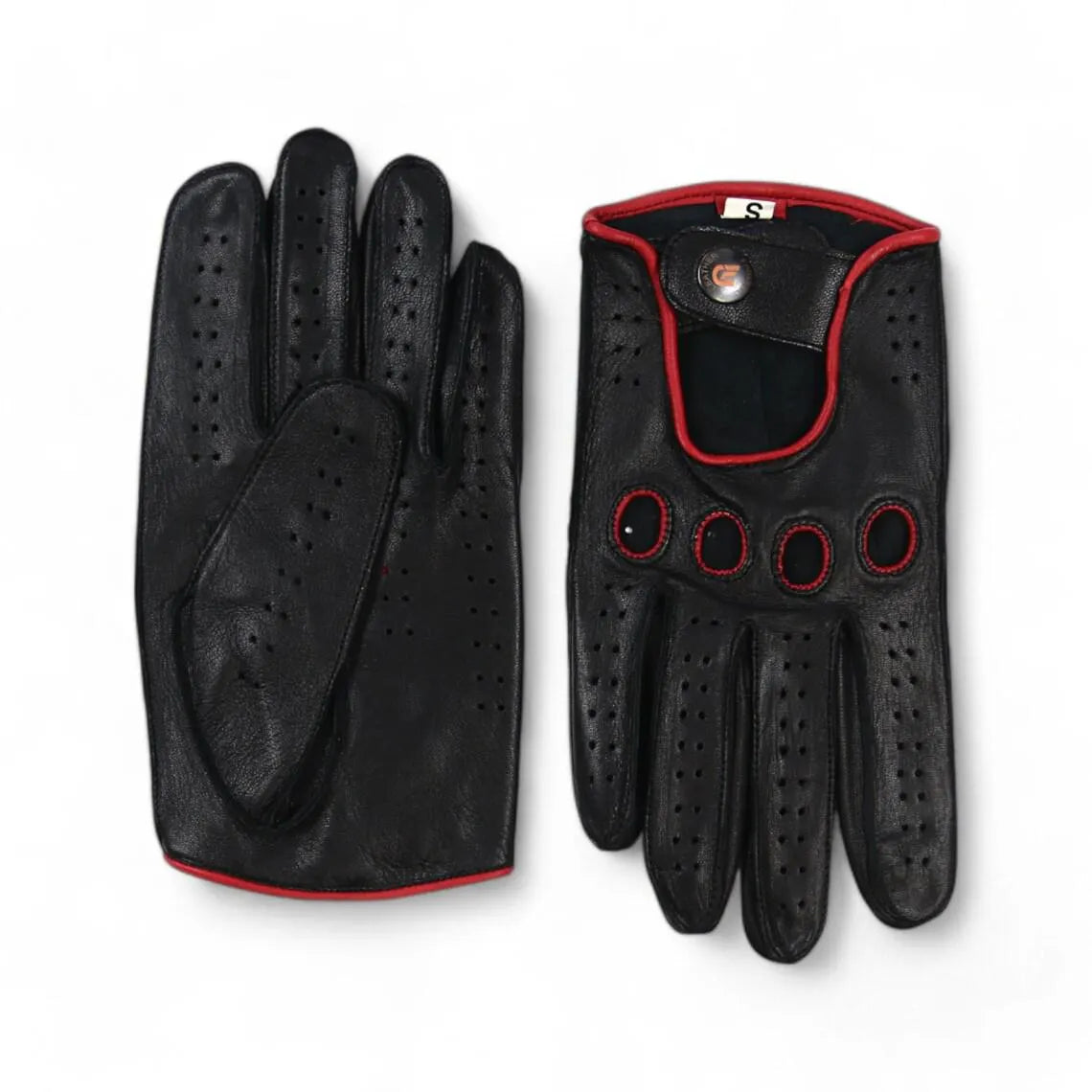 A pair of black leather driving gloves with red trim and perforated details, shown on a plain white background.