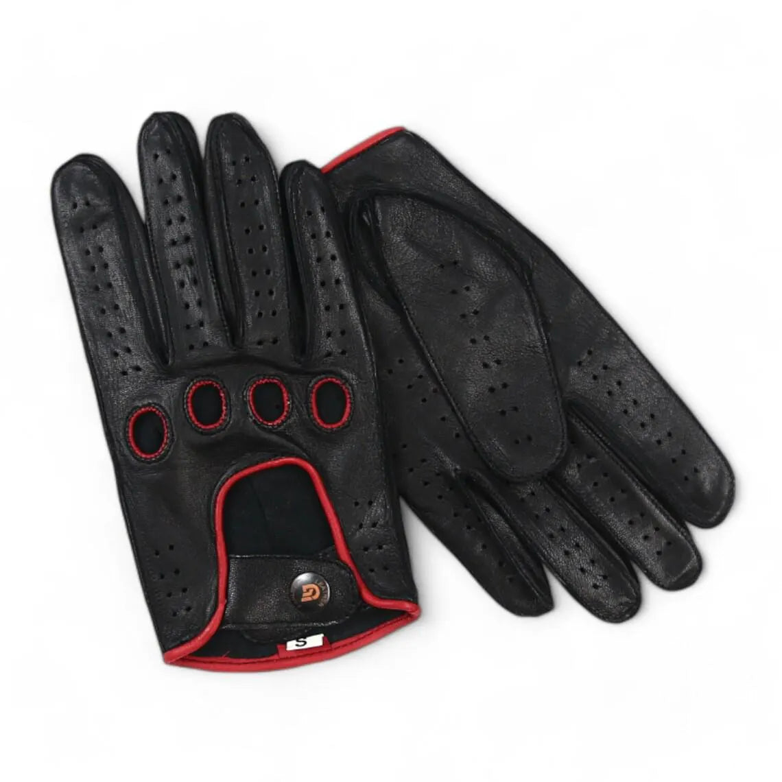 A pair of black leather golf gloves with red trim and perforations, displayed on a clean white background.