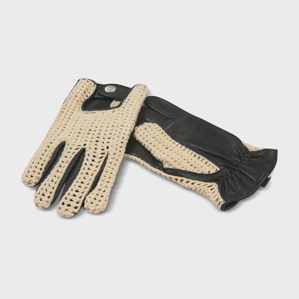 Men’s Black Leather Driving Gloves with Cream Crochet Back – Vintage Racing Style