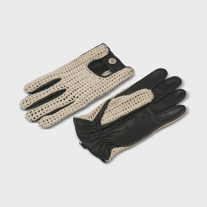 Men’s Black Leather Driving Gloves with Cream Crochet Back – Vintage Racing Style