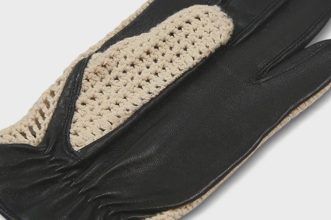 Men’s Black Leather Driving Gloves with Cream Crochet Back – Vintage Racing Style