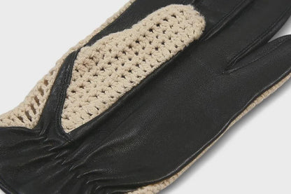 Men’s Black Leather Driving Gloves with Cream Crochet Back – Vintage Racing Style