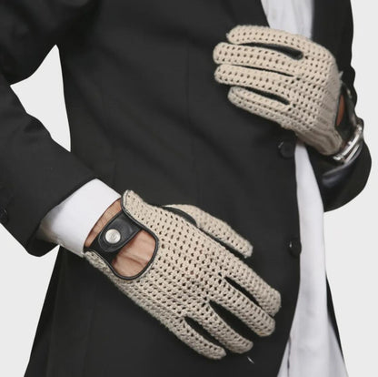 Men’s Black Leather Driving Gloves with Cream Crochet Back – Vintage Racing Style
