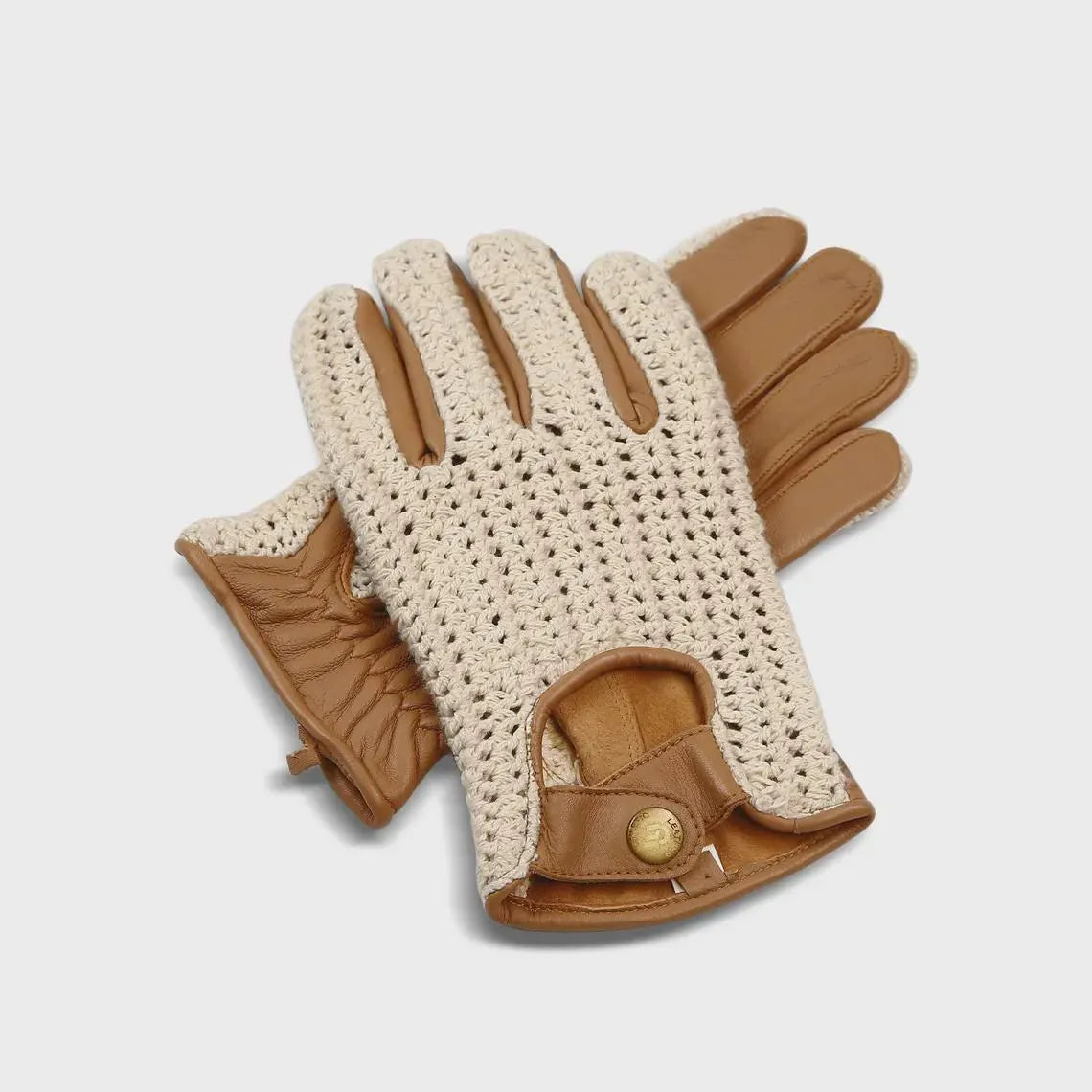 Tan Leather Driving Gloves with Cream Crochet Back – Vintage Racing Style