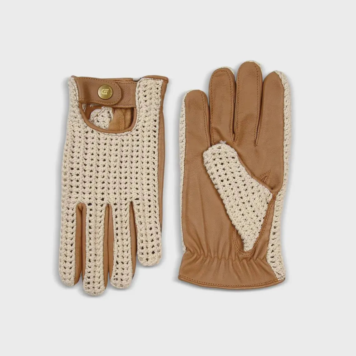 Tan Leather Driving Gloves with Cream Crochet Back – Vintage Racing Style