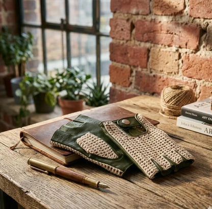 A pair of green leather and beige woven fingerless gloves resting on a rustic wooden desk next to a leather notebook, pen, and books, with a brick wall and window in the background.