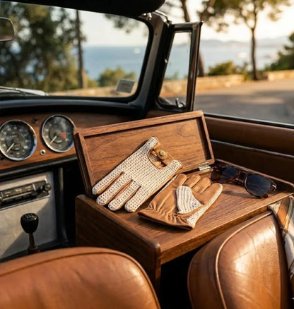 Tan Leather Driving Gloves with Cream Crochet Back – Vintage Racing Style