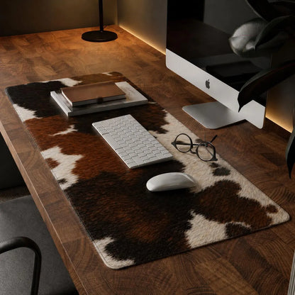 A rectangular desk mat with a brown and cream cowhide pattern is styled on a wooden desk, surrounded by a keyboard, mouse, notebook, glasses, and an iMac.