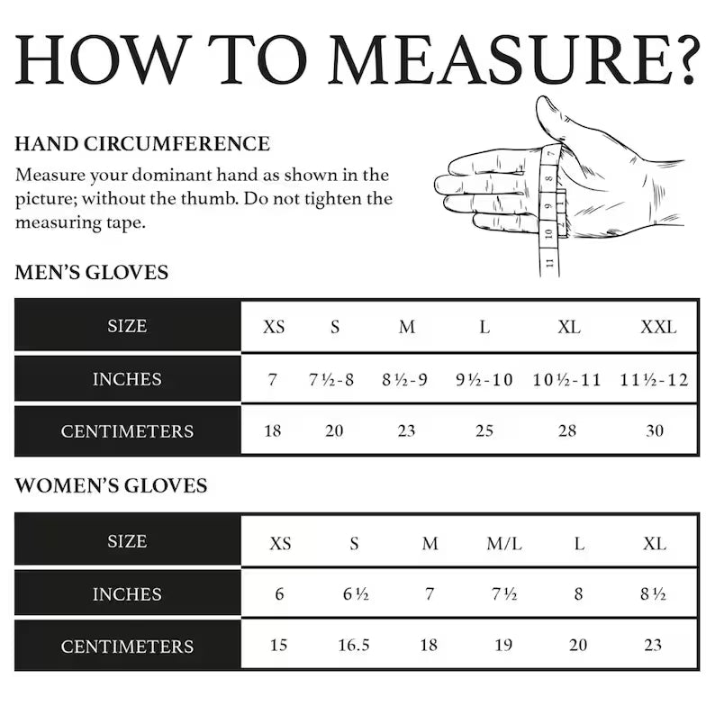 Measurement chart for gloves showing how to measure hand circumference with a hand illustration and sizing tables for men's and women's gloves in sizes XS through XXL with inch and centimeter conversions.