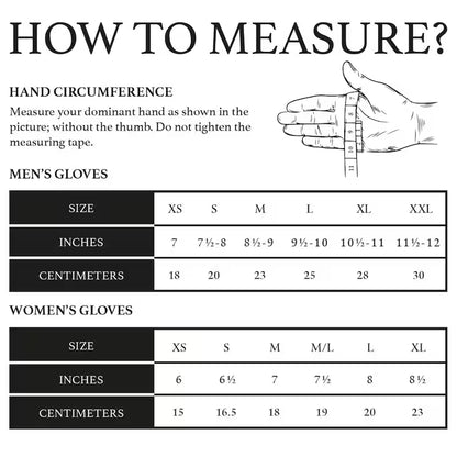 Measurement chart for gloves showing how to measure hand circumference with a hand illustration and sizing tables for men's and women's gloves in sizes XS through XXL with inch and centimeter conversions.
