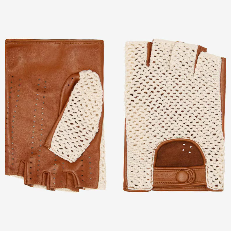Men's Fingerless Leather Driving Gloves – Cognac Crochet Back, Vintage Racing Style, Classic Car Gift