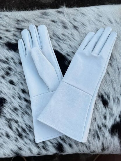 White Leather Gauntlet Gloves – Long Cuff Medieval LARP & Cosplay Gloves