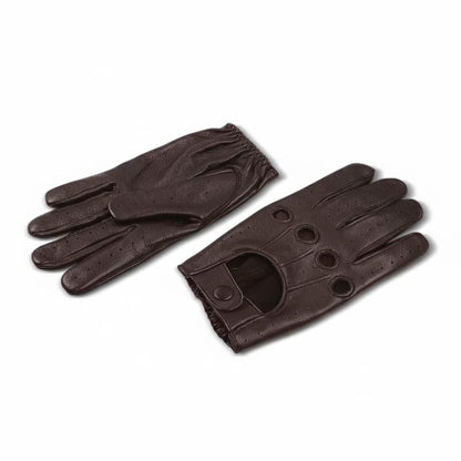 A pair of dark brown leather driving gloves, one showing the back of the hand with perforations and the other showing the palm side with a snap-button wrist closure, set against a plain white background.