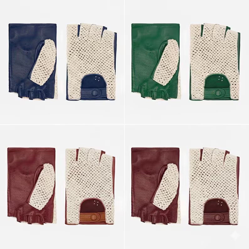 Four pairs of golf gloves arranged in a 2x2 grid on a white background. Each pair consists of one dark leather glove and one light cream crocheted glove.
