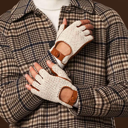 Men's Fingerless Leather Driving Gloves – Cognac Crochet Back, Vintage Racing Style, Classic Car Gift