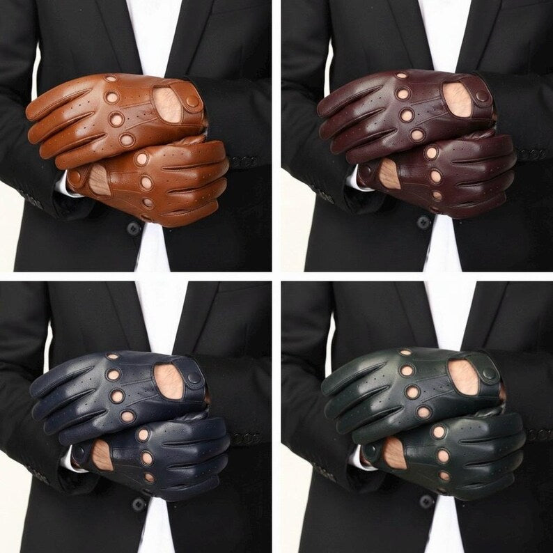 Four-panel collage showing a person in a black suit holding leather fingerless gloves in four color options: tan brown, dark brown, navy blue, and dark green. The gloves have a textured grip pattern and circular perforations.