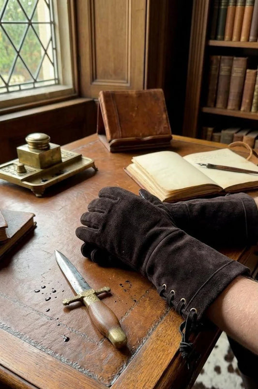 A pair of dark brown leather gloves worn on hands resting on a wooden desk in a vintage library setting, with an old dagger, inkwell, and open book nearby.