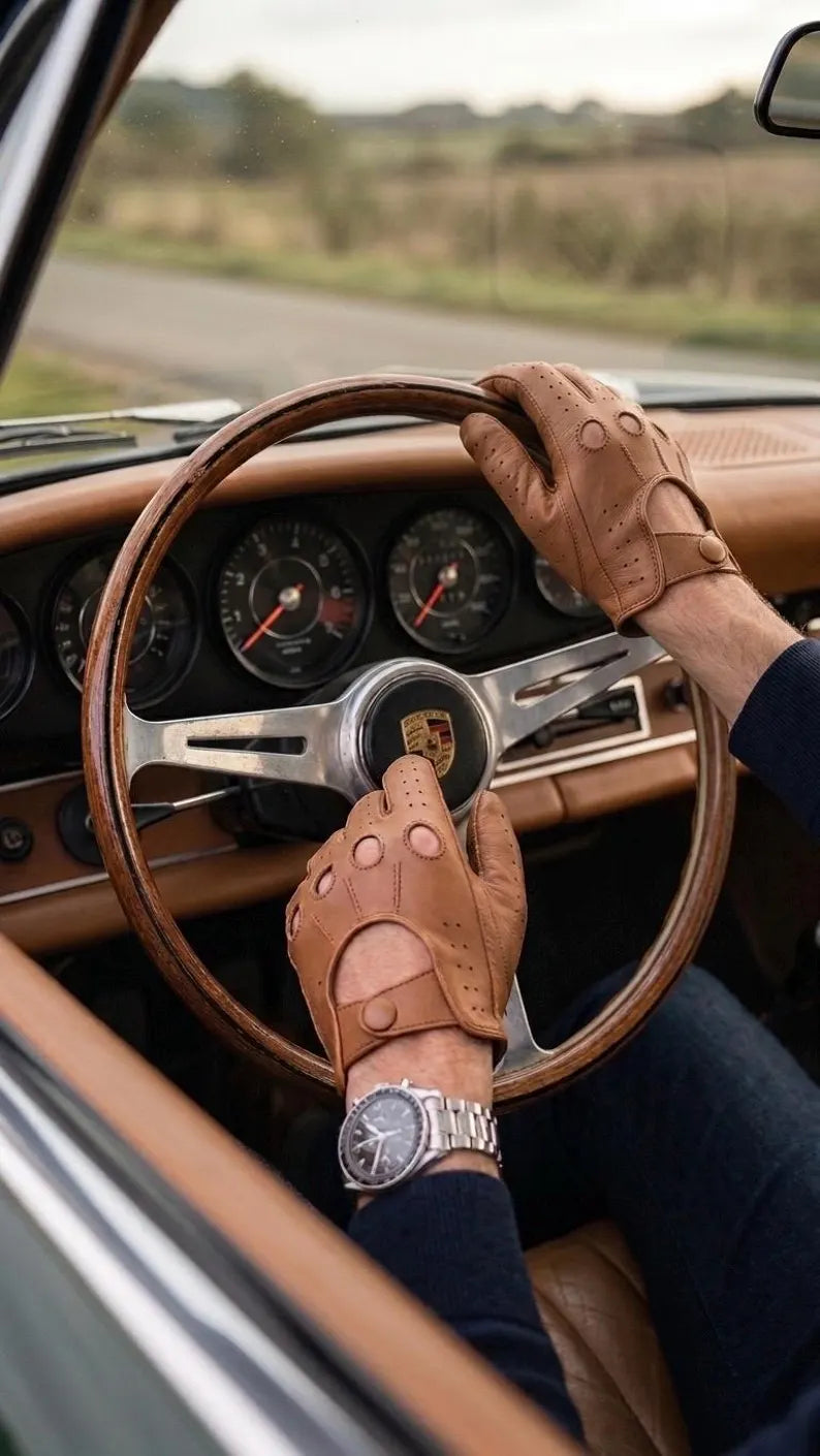 A close-up lifestyle shot of a person driving a vintage car, wearing tan leather gloves and a silver Porsche watch. The driver's hands are on the wooden steering wheel with the Porsche crest visible in the center.