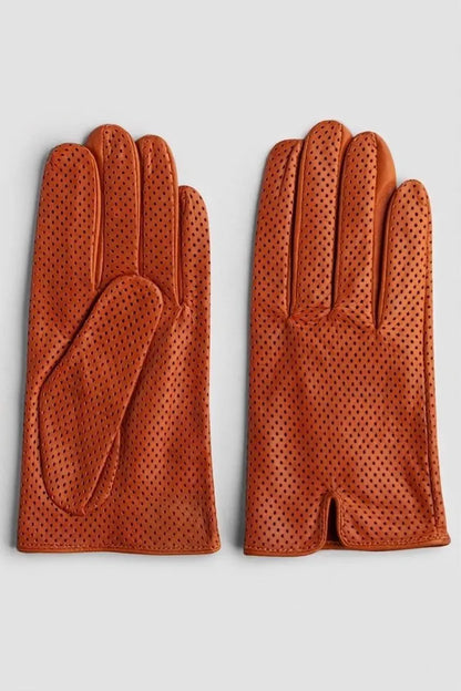A pair of orange leather gloves with a perforated texture, shown flat against a light gray background.