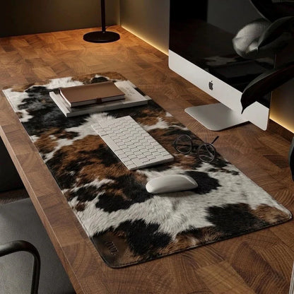 A cowhide-pattern desk mat with brown, black, and white spots is styled on a wooden desk. A white keyboard, white mouse, notebooks, and eyeglasses are arranged on top, with a computer monitor partially visible in the background.