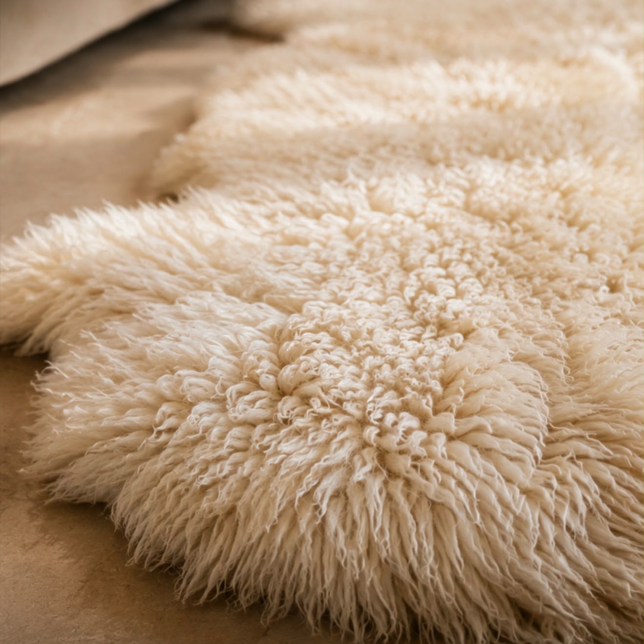 Natural cream sheepskin pelt rug with soft wool texture
