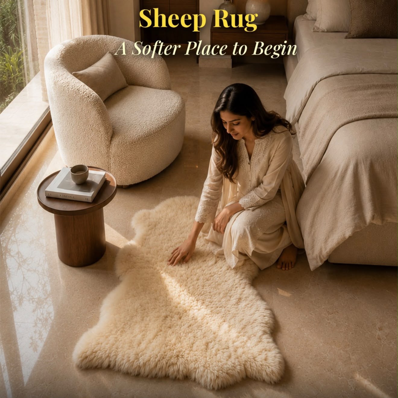 Natural sheepskin rug styled beside a bed in a cozy bedroom