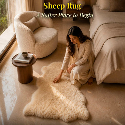 Natural sheepskin rug styled beside a bed in a cozy bedroom