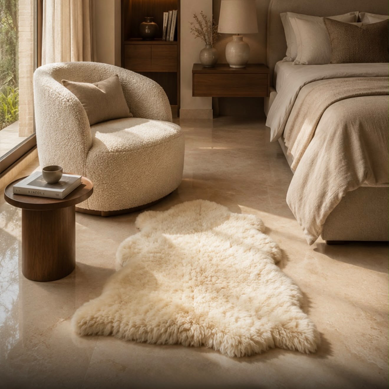 Natural sheepskin rug adding soft texture to a neutral bedroom